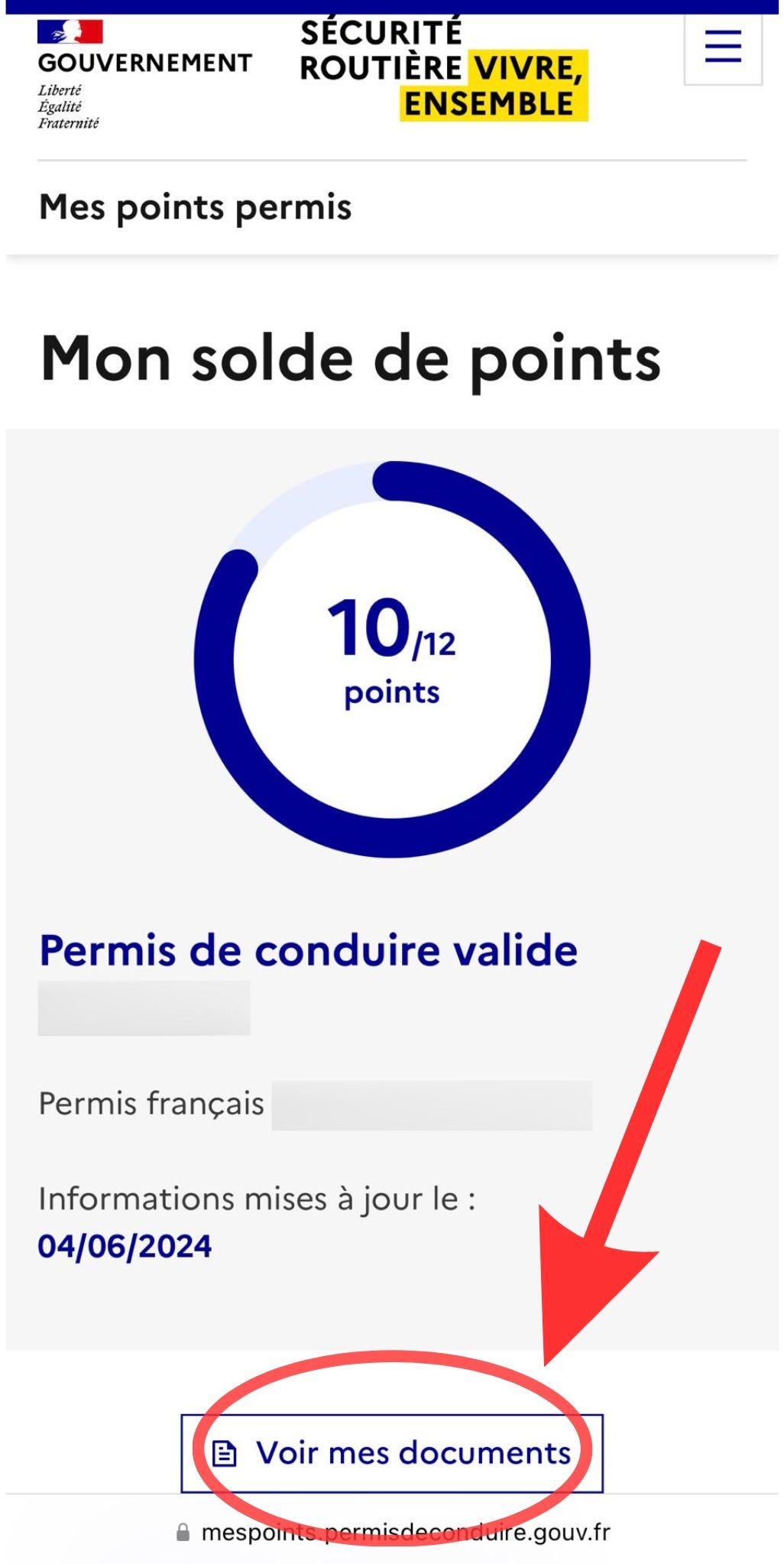 Capture de l’écran Mon solde de points sur mespoints.permisdeconduire.gouv