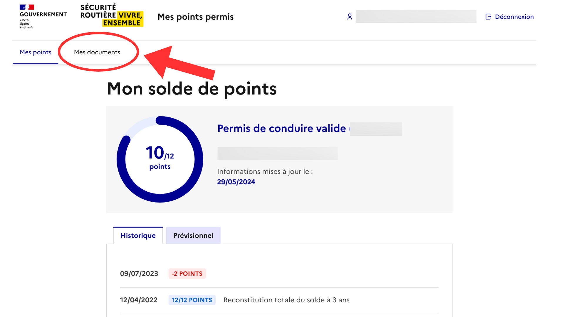 Capture de l’écran Mon solde de points sur mespoints.permisdeconduire.gouv