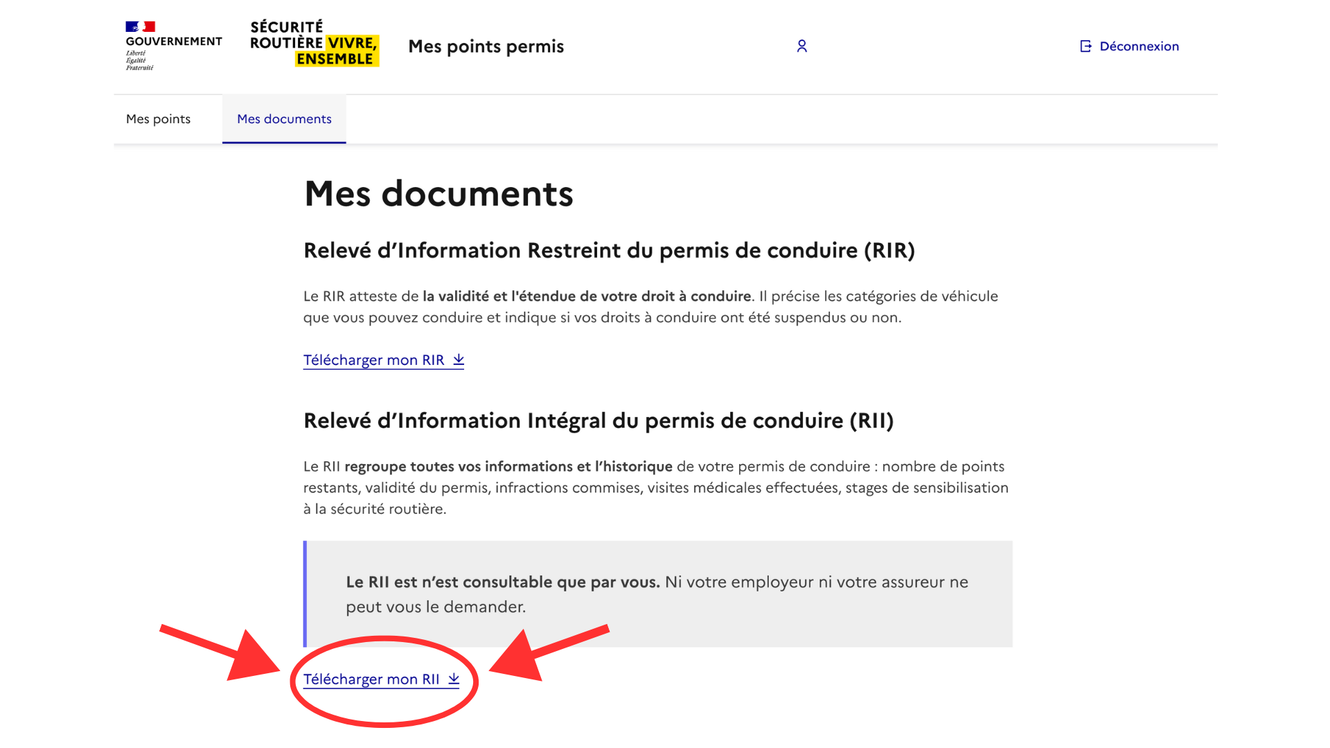 Capture de l’écran de la page Mes documents sur mespoints.permisdeconduire.gouv