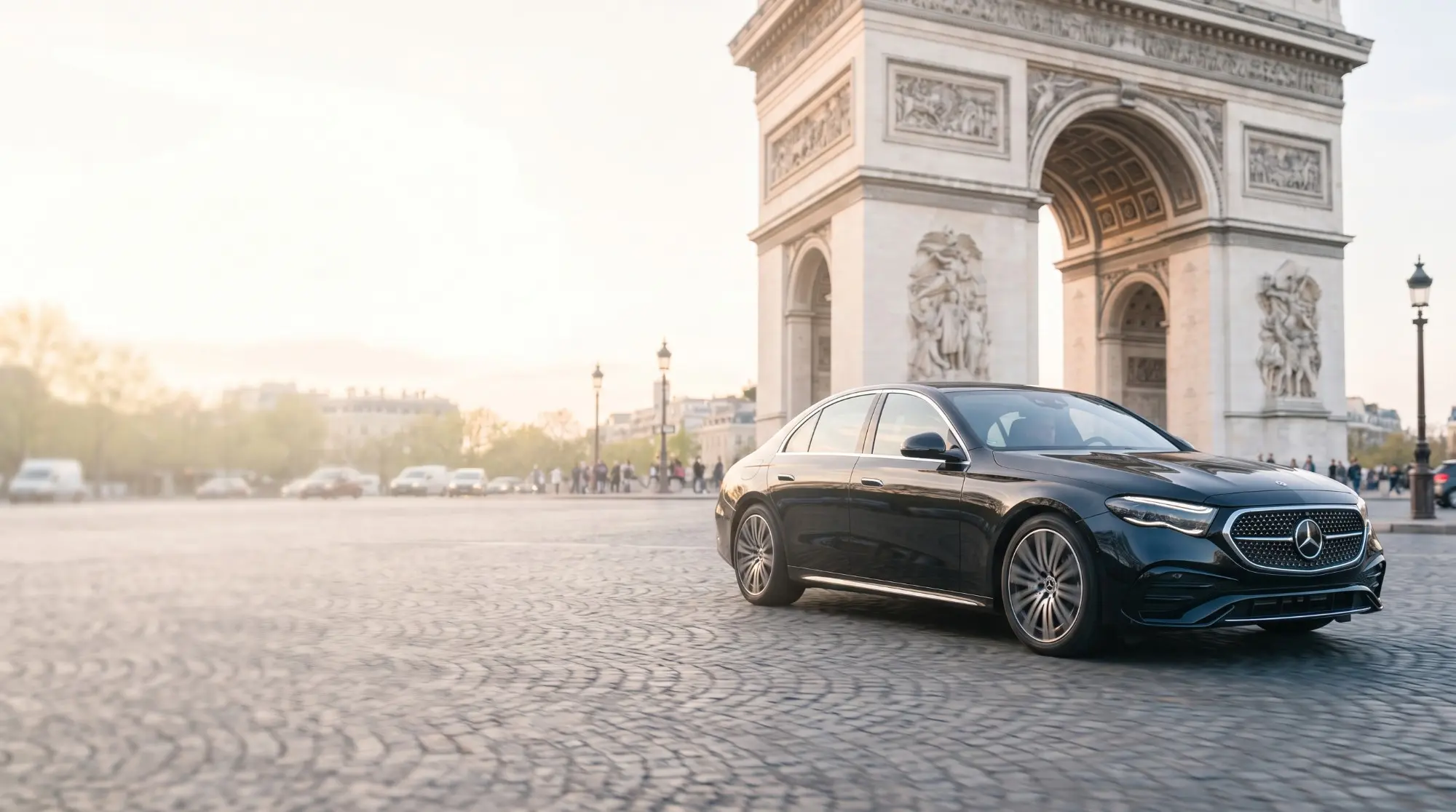 Berline noire devant l’Arc de Triomphe à Paris