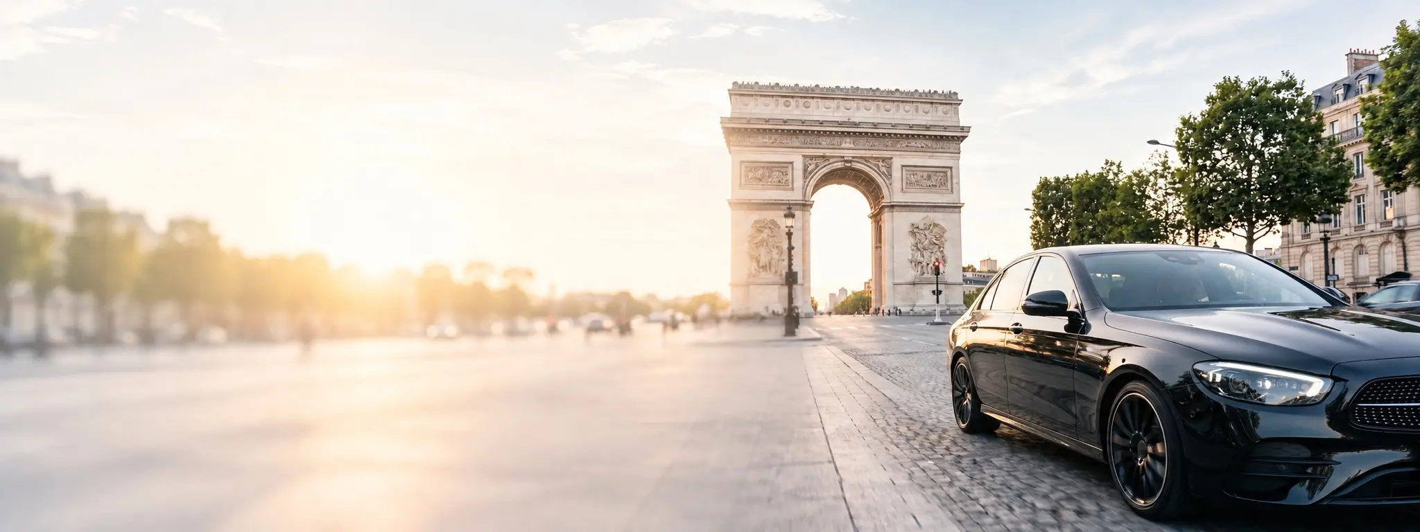 Berline noire devant l’Arc de Triomphe à Paris